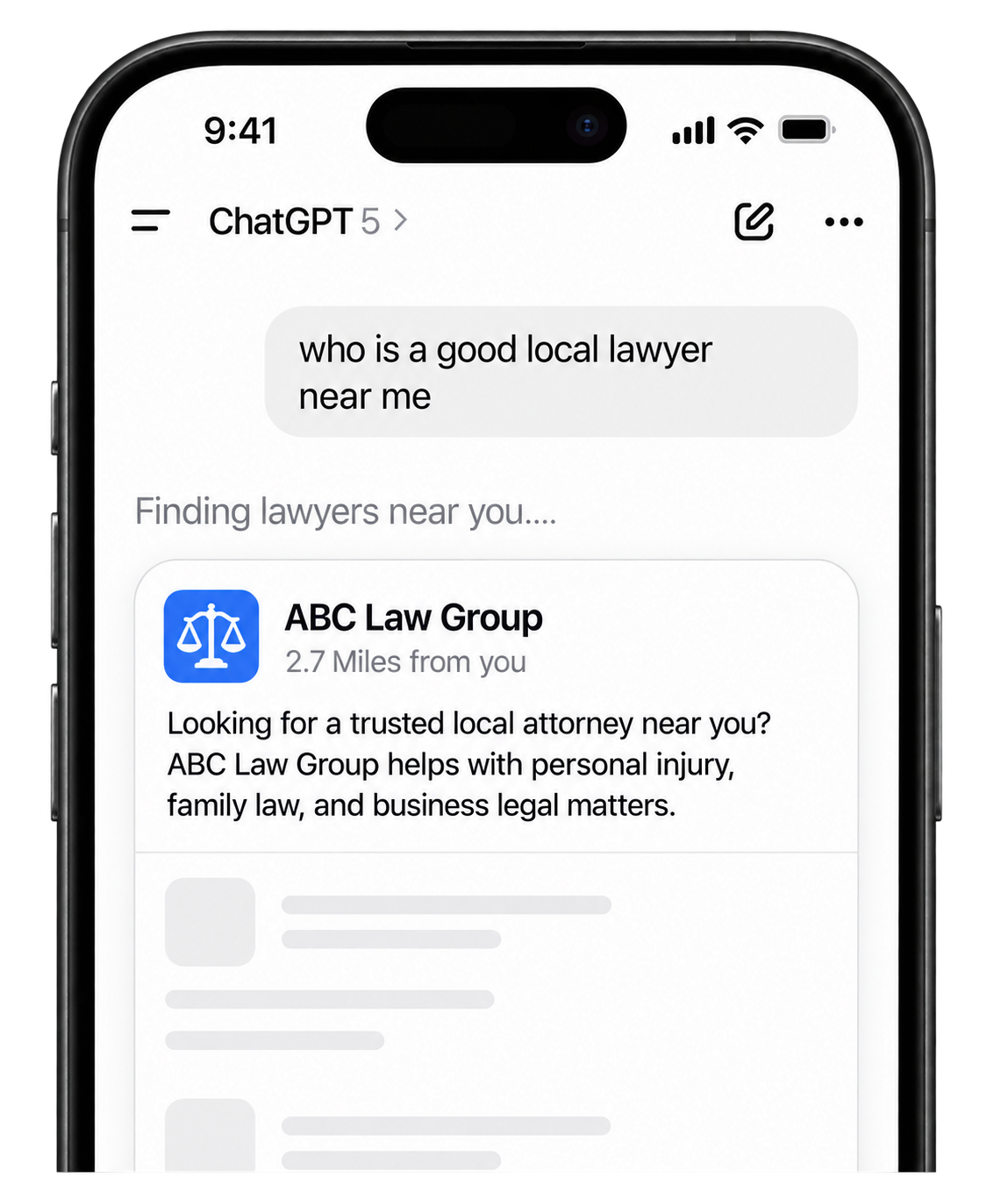 Illustrative phone mockup showing a local lawyer search in ChatGPT and a fictional ABC Law Group listing